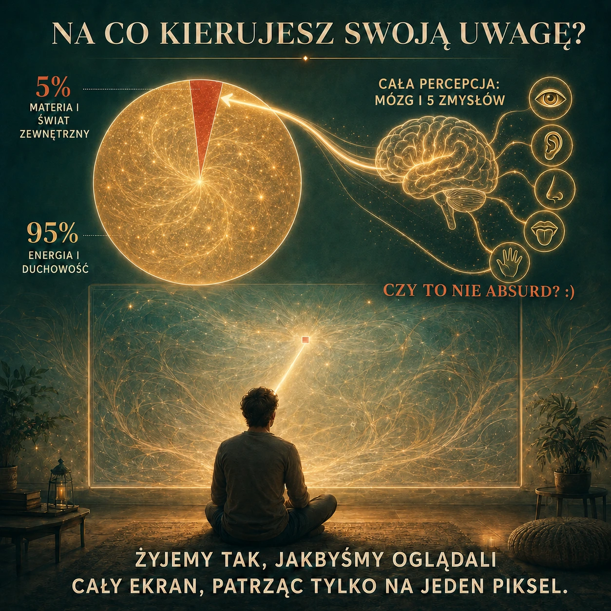 Grafika pokazująca, że uwaga człowieka często kieruje się ku niewielkiej części świata zewnętrznego, choć głębsza przestrzeń Energii i duchowości jest znacznie większa